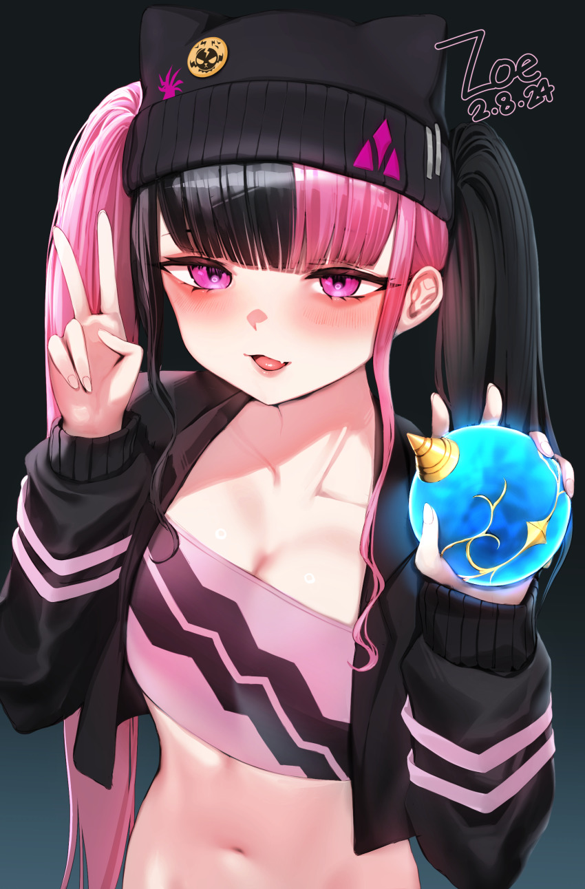 1girl, absurdres, black_hair, black_hat, black_jacket, blush, breasts, character_name