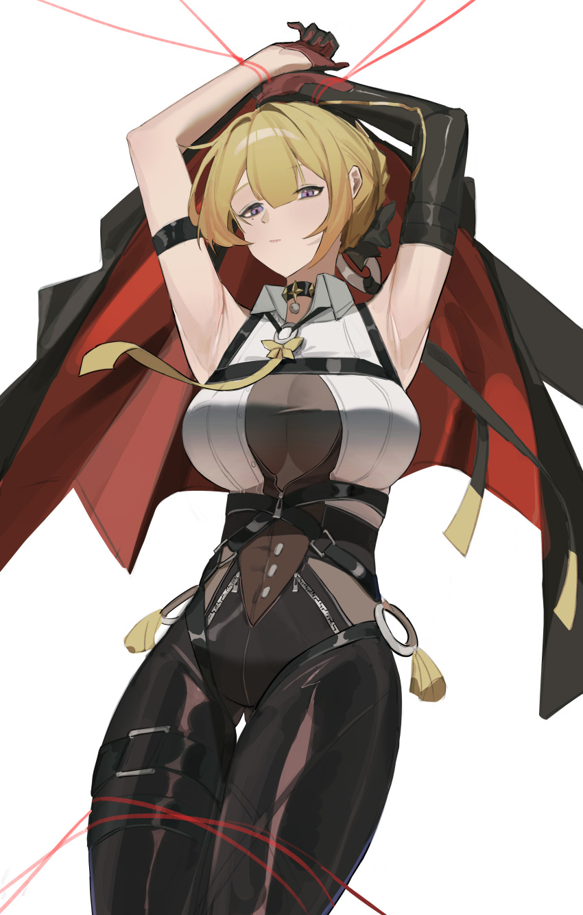 1girl, absurdres, arms_up, black_gloves, black_jacket, black_pants, blonde_hair, breasts, closed_mouth, commentary, cowboy_shot, evelyn_chevalier, gloves, high-waist_pants, highres, jacket, large_breasts, looking_at_viewer, pants, sidelocks, simple_background, solo, thighs, tight_clothes, tight_pants, wen54, white_background, zenless_zone_zero