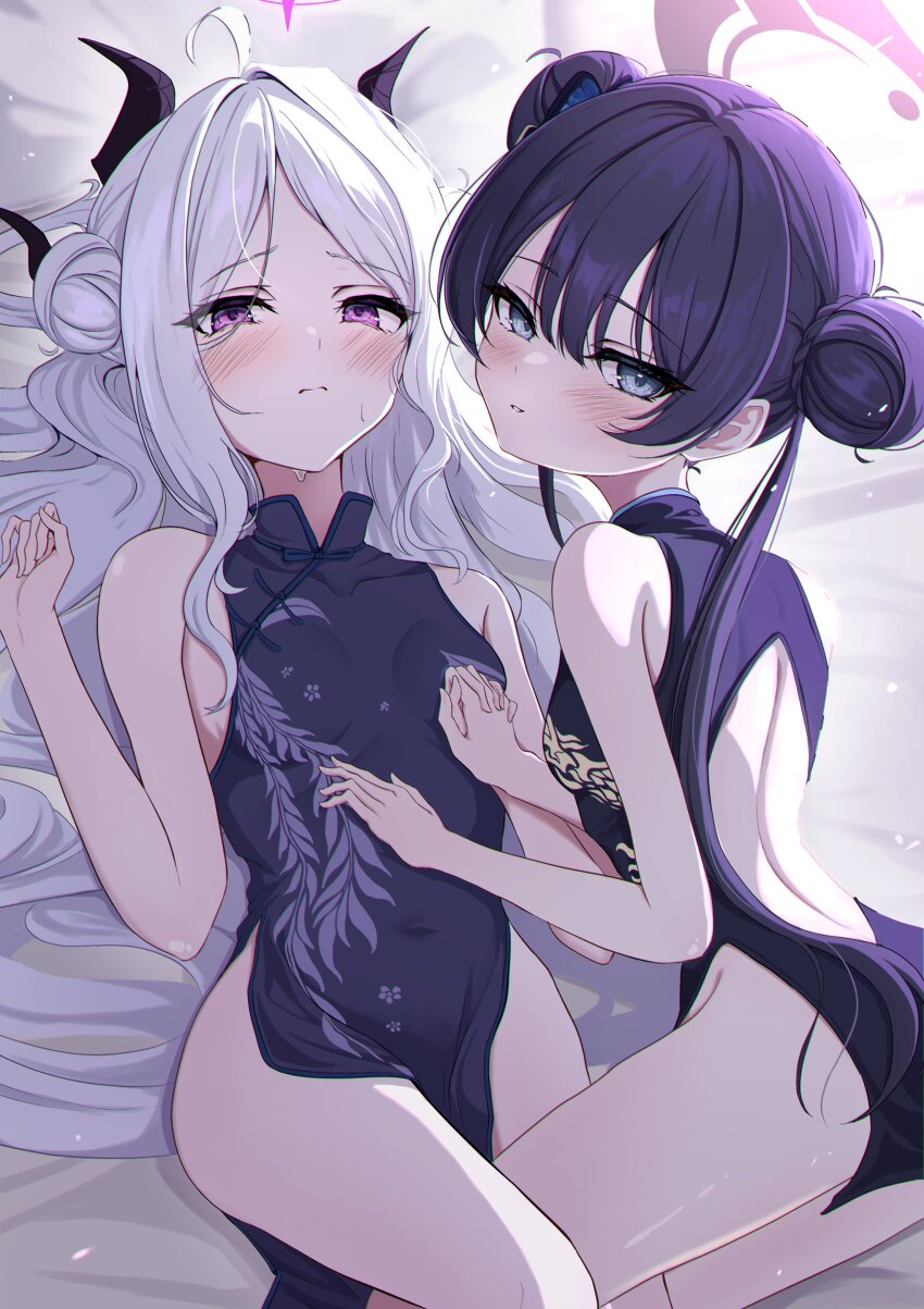 2girls, absurdres, ahoge, alternate_costume, ass, back, bed, bed_sheet, black_hair, black_halo, blue_archive, blue_eyes, blush, breasts, china_dress, chinese_clothes, closed_mouth, commentary_request, demon_horns, dress, hair_bun, halo, highres, hina_(blue_archive), holding_hands, horns, kisaki_(blue_archive), loli, long_hair, looking_at_viewer, multiple_girls, no_panties, missing_wings, on_bed, purple_eyes, small_breasts, sweat, take_your_pick, tarako_(tarakopng), window