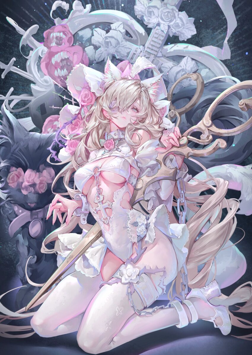 1girl, animal_ears, blonde_hair, breasts, cat_ears, chain, cleavage, cross