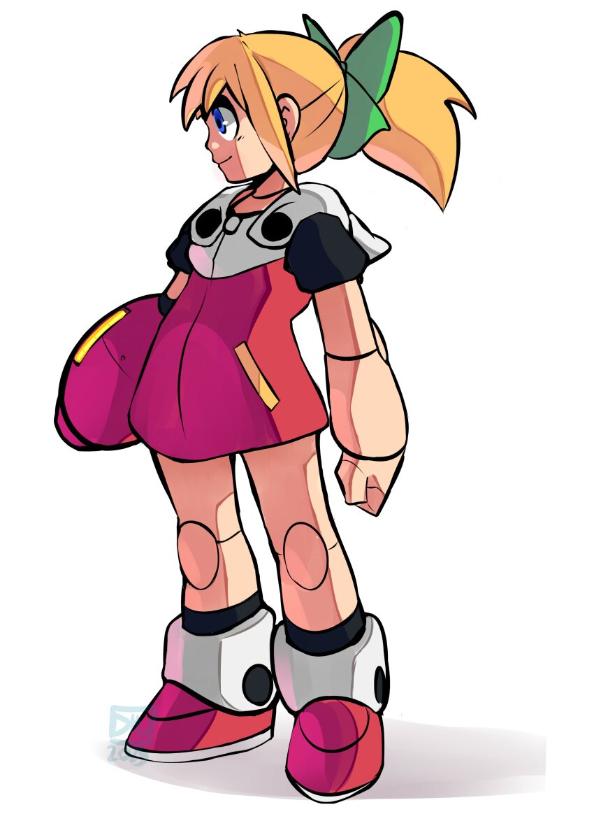 1girl, absurdres, arm_cannon, blonde_hair, blue_eyes, danyhu16, dress, full_body, high_ponytail, highres, mega_man_(classic), mega_man_(series), mega_man_11, ponytail, red_dress, robot_girl, roll_(mega_man), simple_background, solo, weapon, white_background