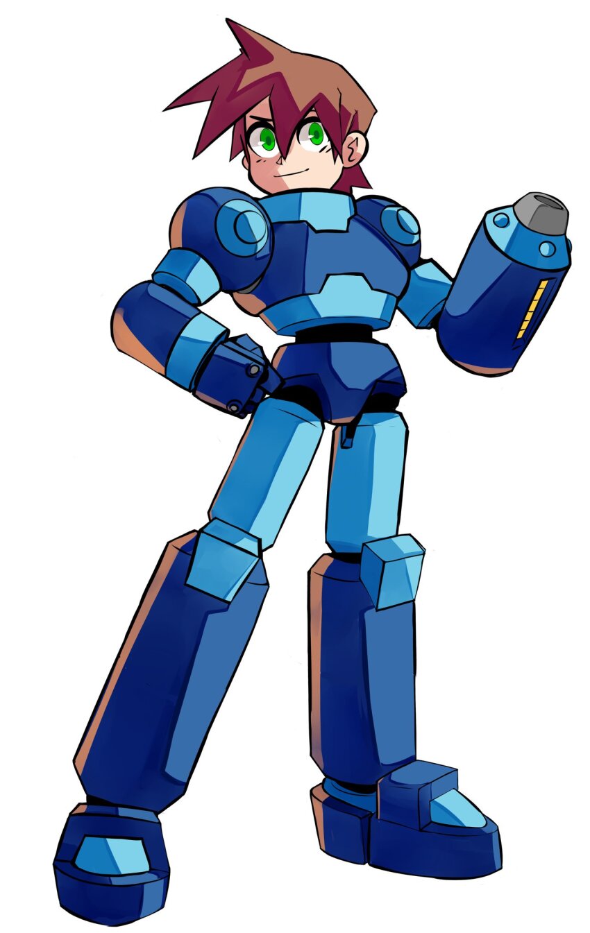 1boy, arm_cannon, armor, blue_armor, brown_hair, danyhu16, full_body, green_eyes