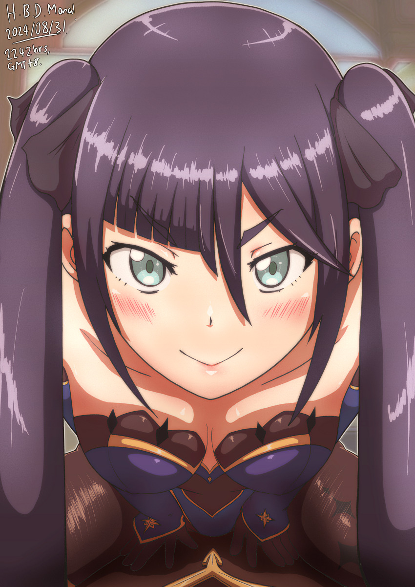 1boy, 1girl, absurdres, aether_(genshin_impact), bare_shoulders, black_hair, black_ribbon, black_shirt, blue_leotard, blush, bodystocking, breasts, closed_mouth, genshin_impact, good_morning_my_brother_(meme), green_eyes, hair_between_eyes, hair_ornament, hair_ribbon, highres, leaning_forward, leotard, long_hair, looking_at_viewer, medium_breasts, meme, mona_(genshin_impact), pov, purple_hair, ribbon, shirt, sitting, sitting_on_person, strikemkii, twintails, very_long_hair