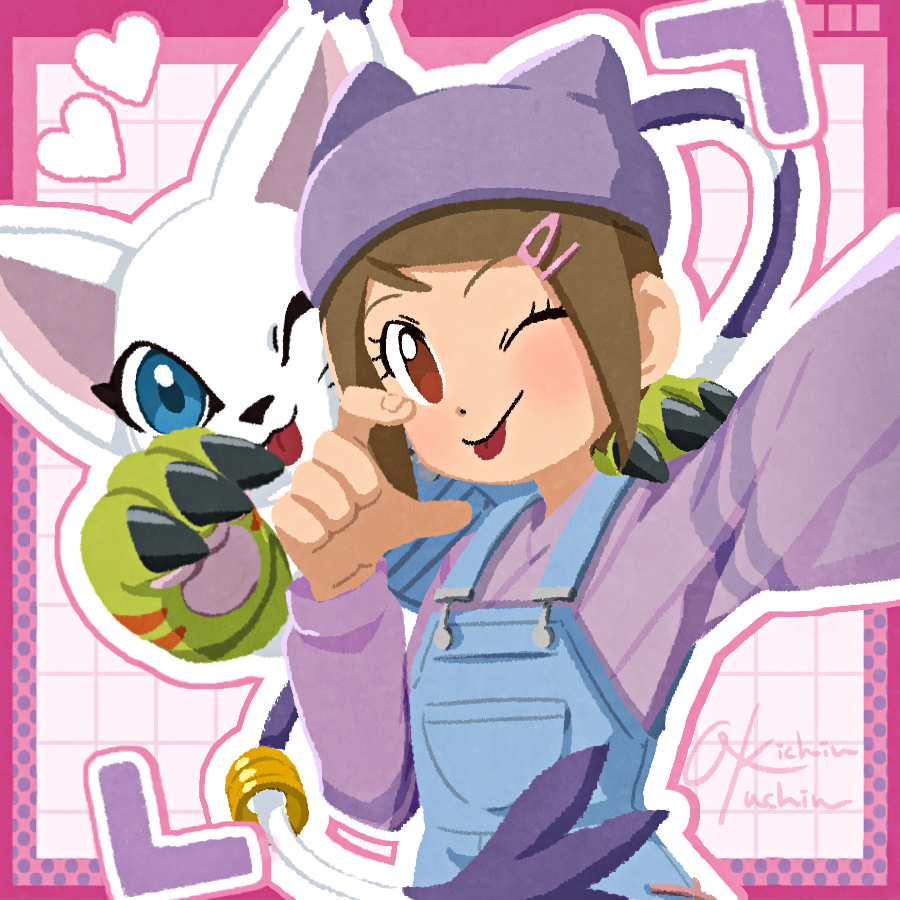 1girl, aioka_(aichiu_kuchiu), blue_overalls, body_fur, brown_eyes, brown_hair, cat, digimon