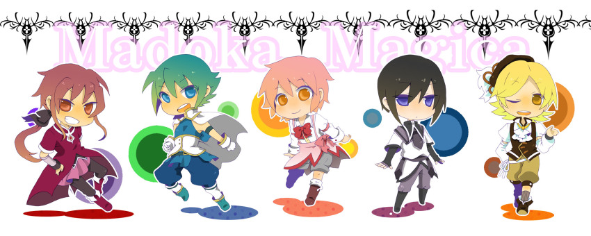 10s, 5boys, akemi_homura, akemi_homura_(magical_girl), amakusa_yuuki, aqua_hair, black_hair, blonde_hair, blue_eyes, brown_eyes, chibi, genderswap, genderswap_(ftm), highres, kaname_madoka, kaname_madoka_(magical_girl), long_image, magical_boy, mahou_shoujo_madoka_magica, mahou_shoujo_madoka_magica_(anime), male_focus, miki_sayaka, miki_sayaka_(magical_girl), multiple_boys, pink_hair, red_hair, sakura_kyoko, sakura_kyoko_(magical_girl), tomoe_mami, tomoe_mami_(magical_girl), wide_image, yellow_eyes