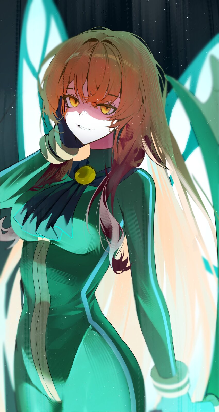 1girl, absurdres, aqua_wings, blood, blood_in_hair, bodysuit, bracelet, breasts