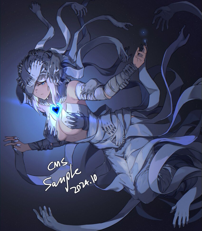 1girl, bandages, blue_eyes, breasts, commission, dated, dress, e.g.o_(project_moon)