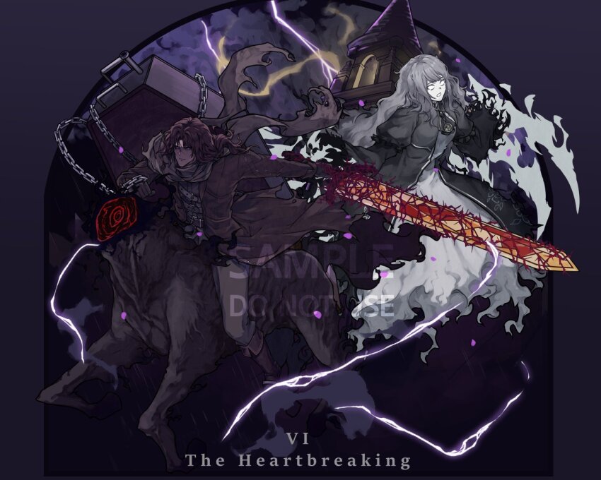 1boy, 1girl, ascot, brown_pants, brown_scarf, catherine_(project_moon), coat, coffin