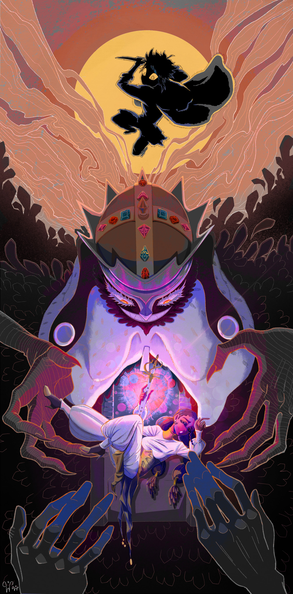 1girl, 2boys, beard, black_footwear, black_hair, cape, commentary, crown