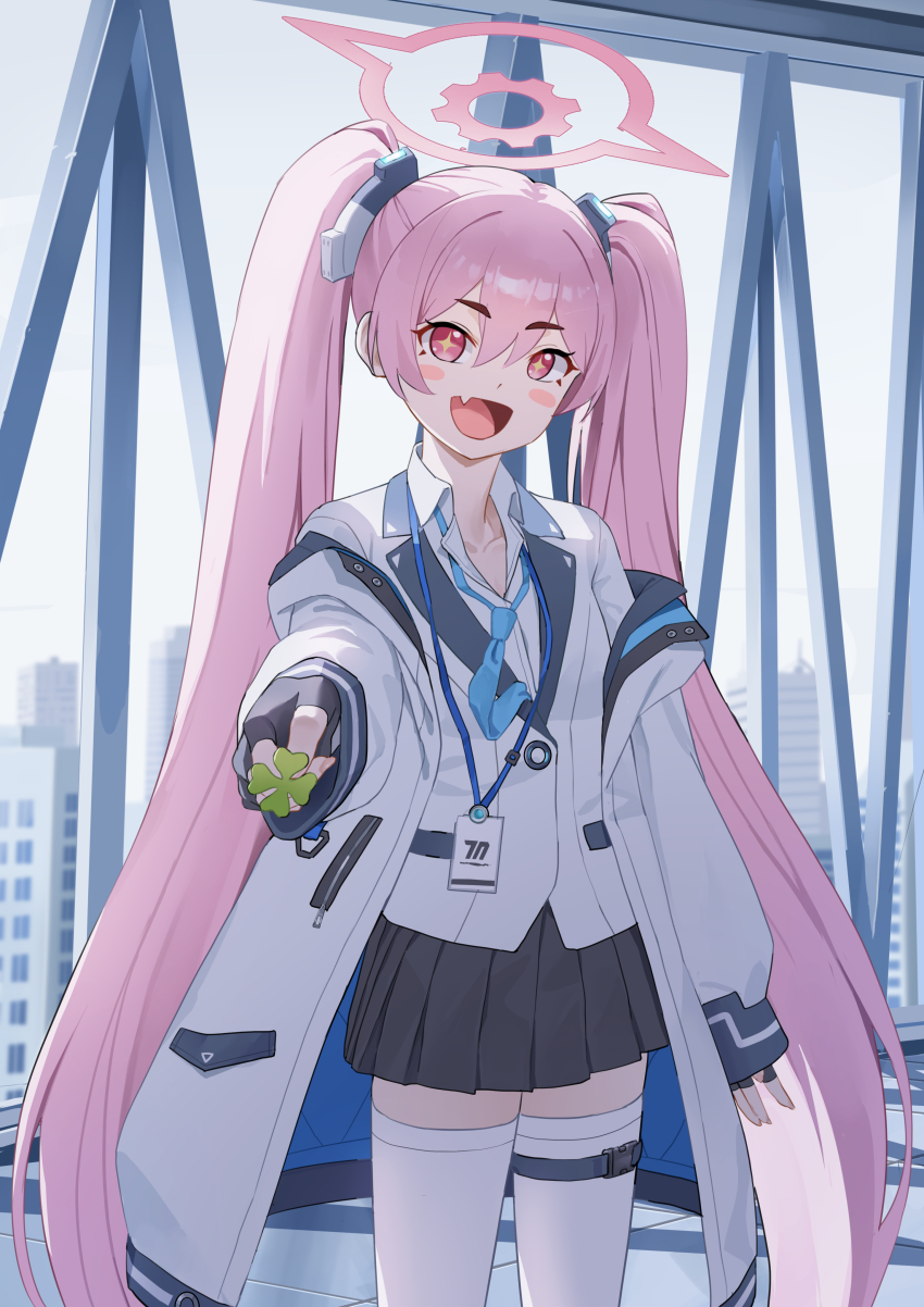 +_+, 1girl, :d, absurdres, black_gloves, black_skirt, blue_archive, blue_necktie