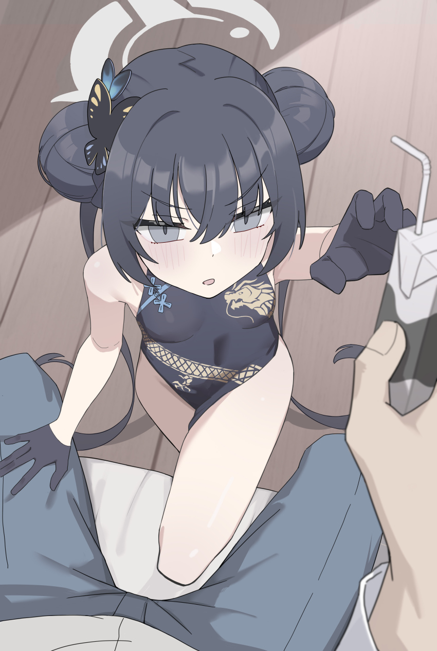 1boy, 1girl, absurdres, age_difference, angry, bare_legs, black_hair, blue_archive, breasts, butterfly_hair_ornament, chinese_clothes, drink, drink_carton, gloves, grey_eyes, hair_buns, hair_ornament, halo, highres, holding, holding_juice_box, juice, juice_box, kaminari_(edeath), kisaki_(blue_archive), loli, pale_skin, parted_lips, petite, pov, reaching, reaching_up, size_difference, small_breasts, thighs, twintails