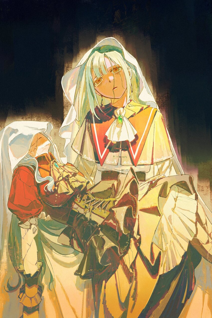 2girls, ascot, bang_dream!, bang_dream!_it's_mygo!!!!!, black_background, black_corset, breasts, brooch, brown_eyes, capelet, carrying, closed_mouth, commentary, corset, covered_eyes, cracked_skin, empty_eyes, expressionless, fine_art_parody, green_eyes, grey_capelet, grey_hair, hair_in_own_mouth, head_tilt, highres, jewelry, layered_skirt, long_hair, looking_up, medium_breasts, medium_skirt, mortis_(bang_dream!), mortis_(costume)_(bang_dream!), multiple_girls, oblivionis_(bang_dream!), parody, parted_lips, pieta, princess_carry, puffy_short_sleeves, puffy_sleeves, red_shirt, rottencrow, shirt, short_sleeves, skirt, statue, togawa_sakiko, upturned_eyes, veil, wakaba_mutsumi, white_ascot, white_skirt, white_veil, wrist_cuffs