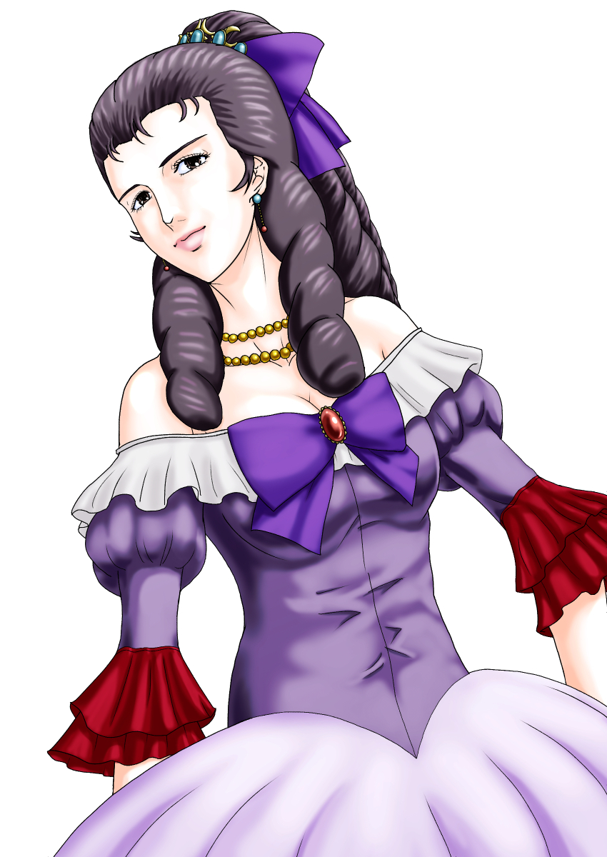 1girl, absurdres, black_hair, bow, breasts, cleavage, dress, earrings, ginga_eiyuu_densetsu, hair_bow, hair_ornament, highres, jewelry, lipstick, long_hair, looking_at_viewer, magdalena_von_westpfale, makeup, necklace, purple_bow, purple_dress, riderman_(sword-dream), simple_background, small_breasts, solo, white_background