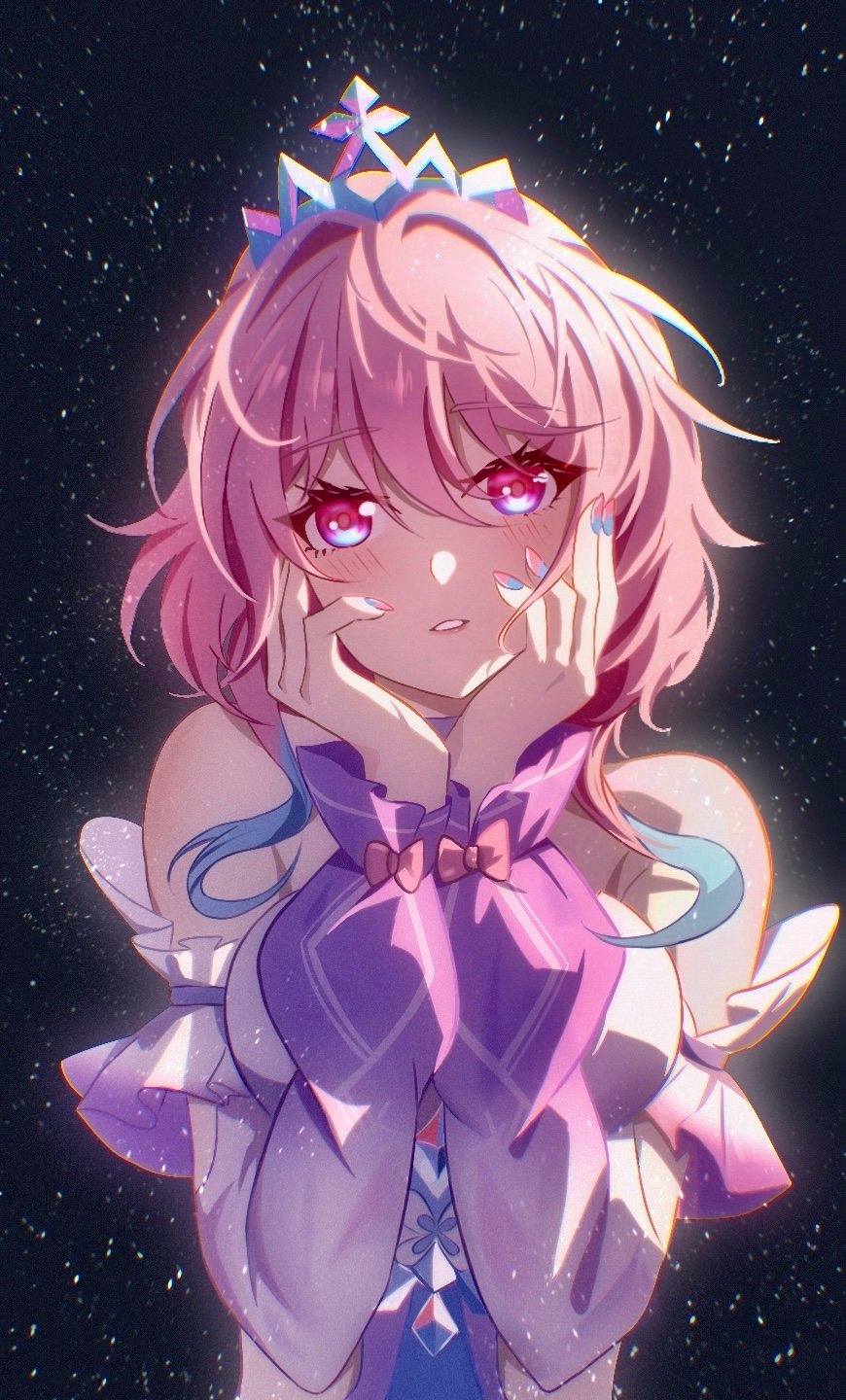 1girl, bare_shoulders, blue_nails, blush, bow, breasts, chinese_commentary, commentary