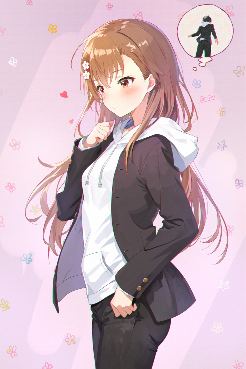 1girl, alternate_hair_length, alternate_hairstyle, asymmetrical_bangs, black_jacket, black_pants, borrowed_clothes, brown_eyes