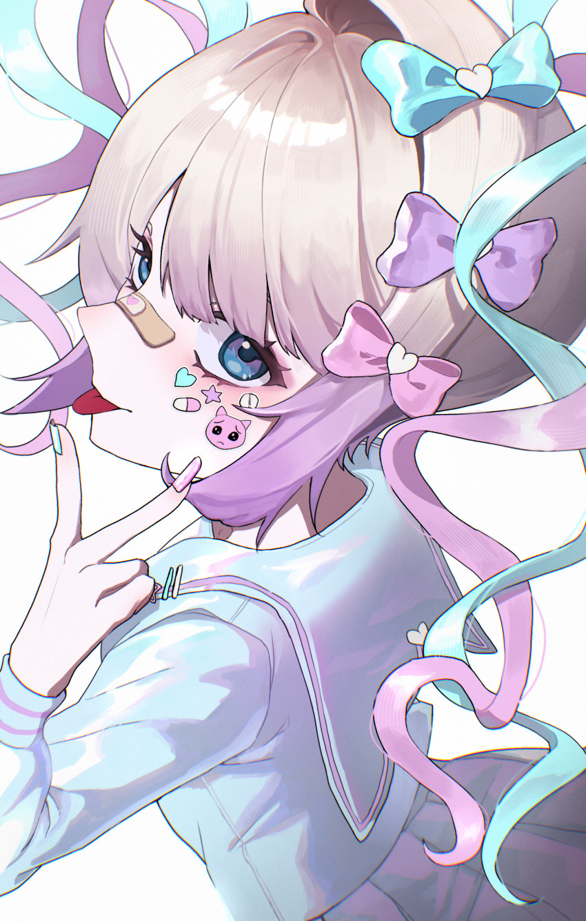 1girl, absurdres, bandaid, bandaid_on_face, bandaid_on_nose, blonde_hair, blue_bow, blue_eyes