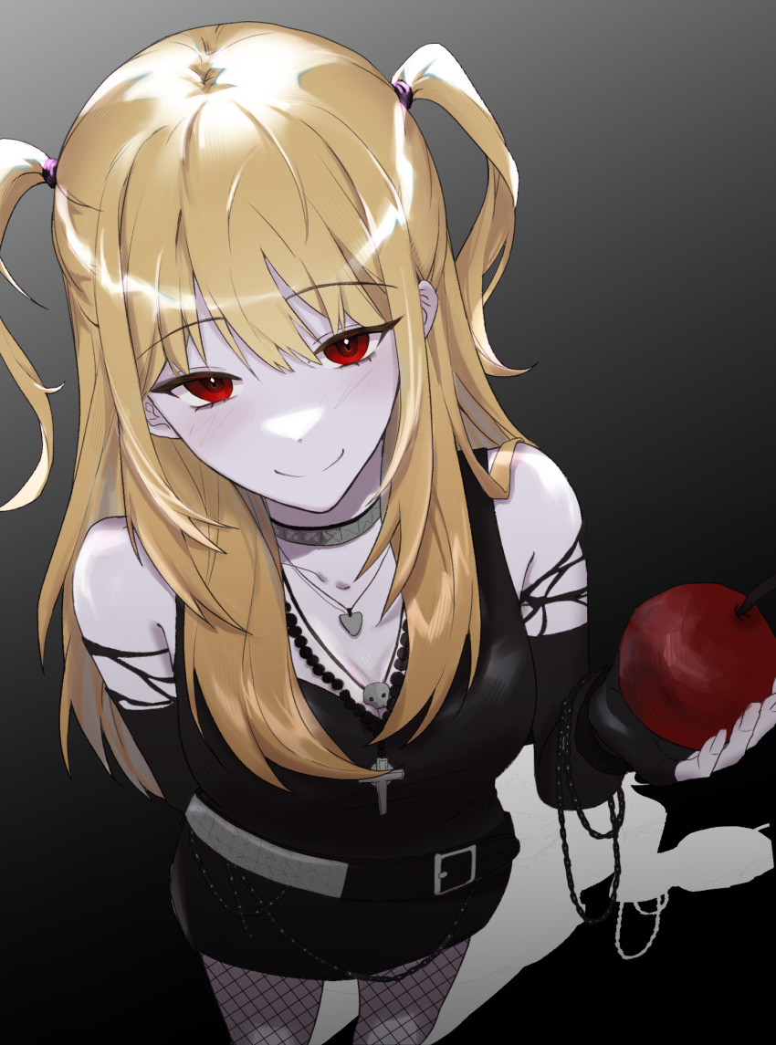 1girl, absurdres, amane_misa, apple, bare_shoulders, belt, black_dress, blonde_hair, choker, closed_mouth, cross, cross_necklace, death_note, detached_sleeves, dress, fishnet_pantyhose, fishnets, food, from_above, fruit, hair_between_eyes, highres, holding, holding_food, holding_fruit, jewelry, long_hair, looking_at_viewer, necklace, nod_(novv2a), pantyhose, red_eyes, rosary, simple_background, smile, solo, studded_belt, studded_choker, torn_clothes, torn_sleeves, two_side_up