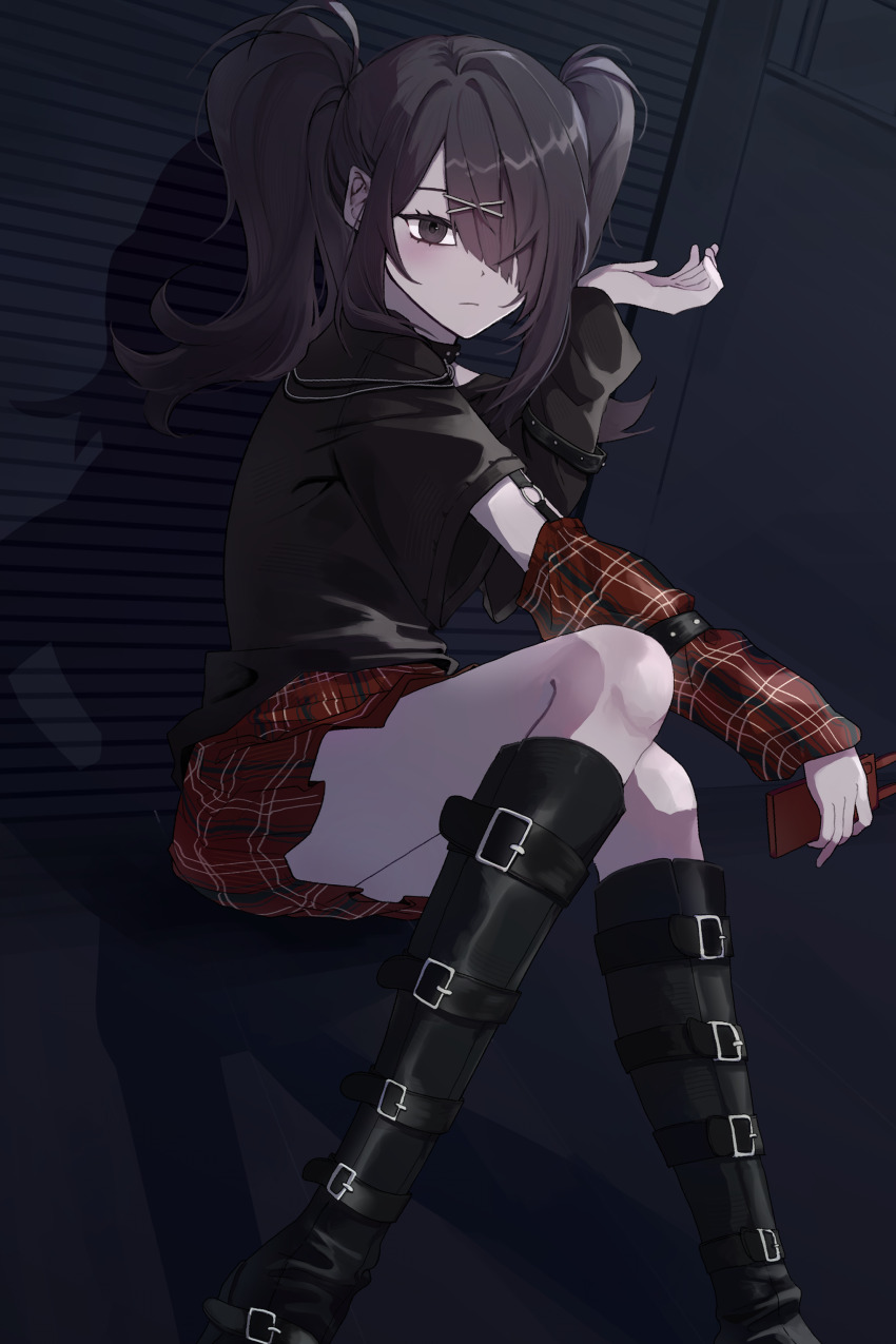 1girl, absurdres, alternate_costume, ame-chan_(emo)_(needy_girl_overdose), ame-chan_(needy_girl_overdose), arm_warmers, black_arm_warmers, black_boots, black_collar, black_eyes, black_hair, black_shirt, blush, boots, cellphone, closed_mouth, collar, hair_ornament, hair_over_one_eye, highres, holding, holding_phone, knee_boots, long_hair, looking_at_viewer, mismatched_arm_warmers, needy_girl_overdose, nod_(novv2a), on_ground, phone, plaid_arm_warmers, plaid_clothes, plaid_skirt, pleated_skirt, red_arm_warmers, red_skirt, shirt, skirt, smartphone, solo, twintails, x_hair_ornament
