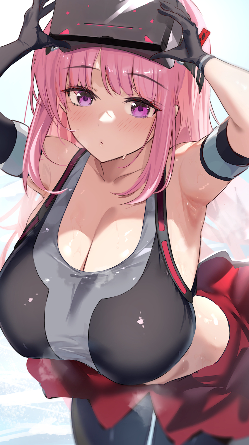 1girl, absurdres, adjusting_eyewear, armpits, black_gloves, black_tank_top, blue_archive, blush, breasts, cleavage, closed_mouth, collarbone, eimi_(armed)_(blue_archive), eimi_(blue_archive), elbow_gloves, expressionless, gloves, haikeiyu, highres, huge_breasts, leaning_forward, long_hair, looking_at_viewer, pink_eyes, pink_hair, simple_background, single_elbow_glove, solo, sweat, tank_top