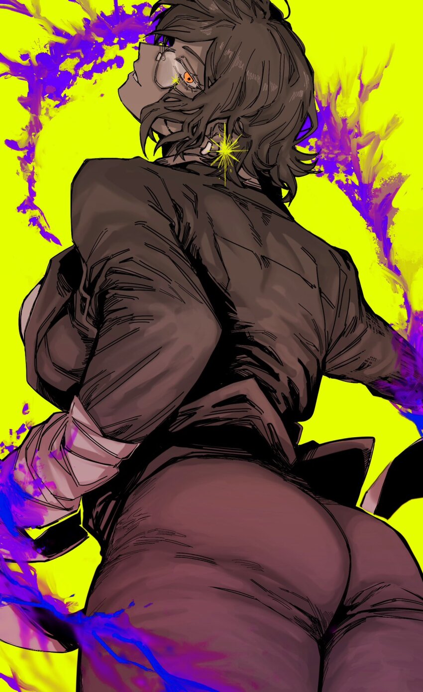 1girl, ass, breasts, ear_piercing, from_behind, from_below, glasses, highres