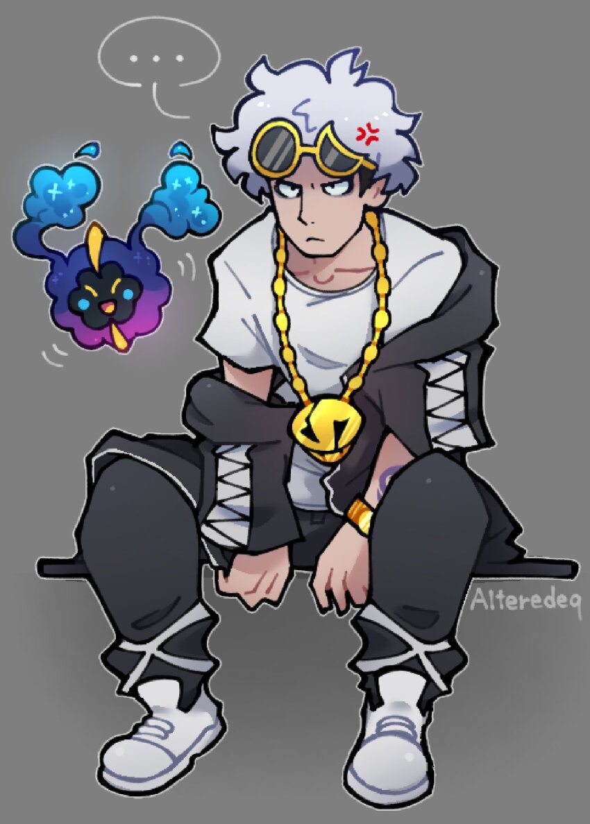 ..., 1boy, alteredeq, anger_vein, arm_tattoo, artist_name, blush_stickers, collarbone, cosmog, eyewear_on_head, gen_7_pokemon, grey_background, guzma_(pokemon), highres, legendary_pokemon, male_focus, nintendo, pokemon, pokemon_(creature), pokemon_sun_and_moon, shirt, sitting, sunglasses, tattoo, team_skull, white_footwear, white_hair, white_shirt