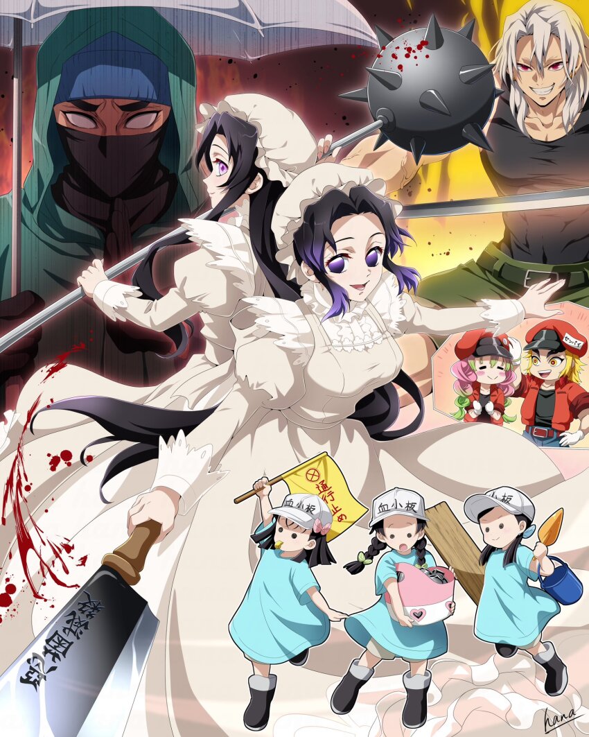 3boys, 6+girls, aqua_dress, basket, belt, black_eyes, black_footwear, black_hair