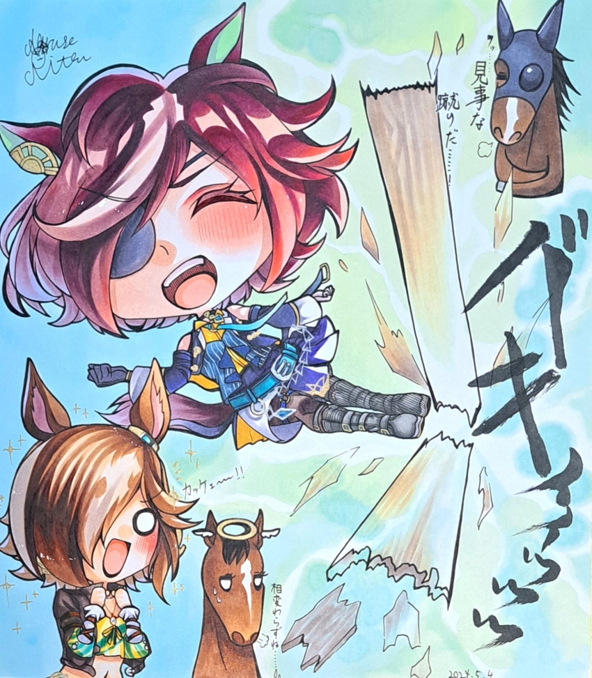 2girls, artist_name, asymmetrical_gloves, awestruck, bandana, black_gloves, blue_necktie, boots