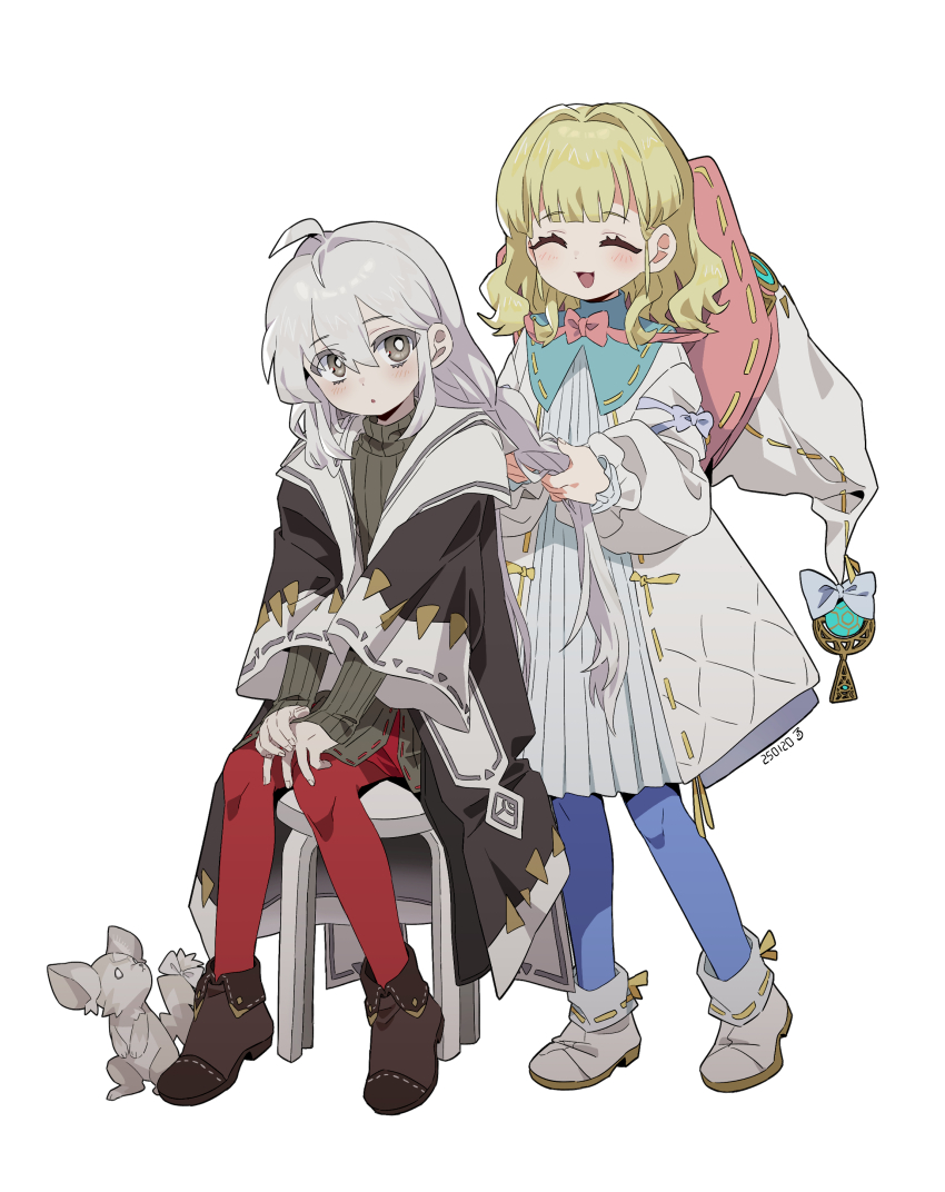 2girls, absurdres, astellar_of_the_white_forest, blonde_hair, blue_eyes, blue_pantyhose, braid, coat