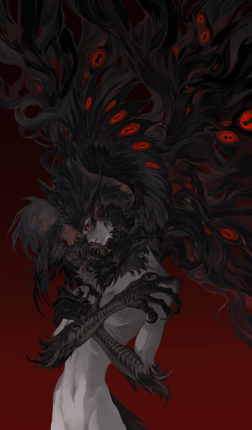 1girl, black_hair, black_sclera, colored_sclera, completely_nude, covering_breasts, covering_privates, extra_eyes