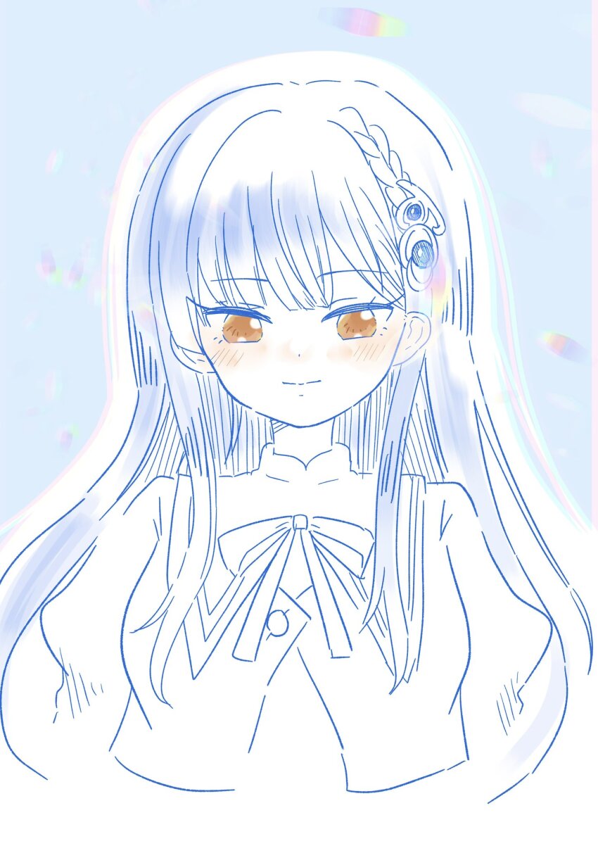 1girl, arms_at_sides, assault_lily, blue_background, blue_gem, blue_hair, blush, braid