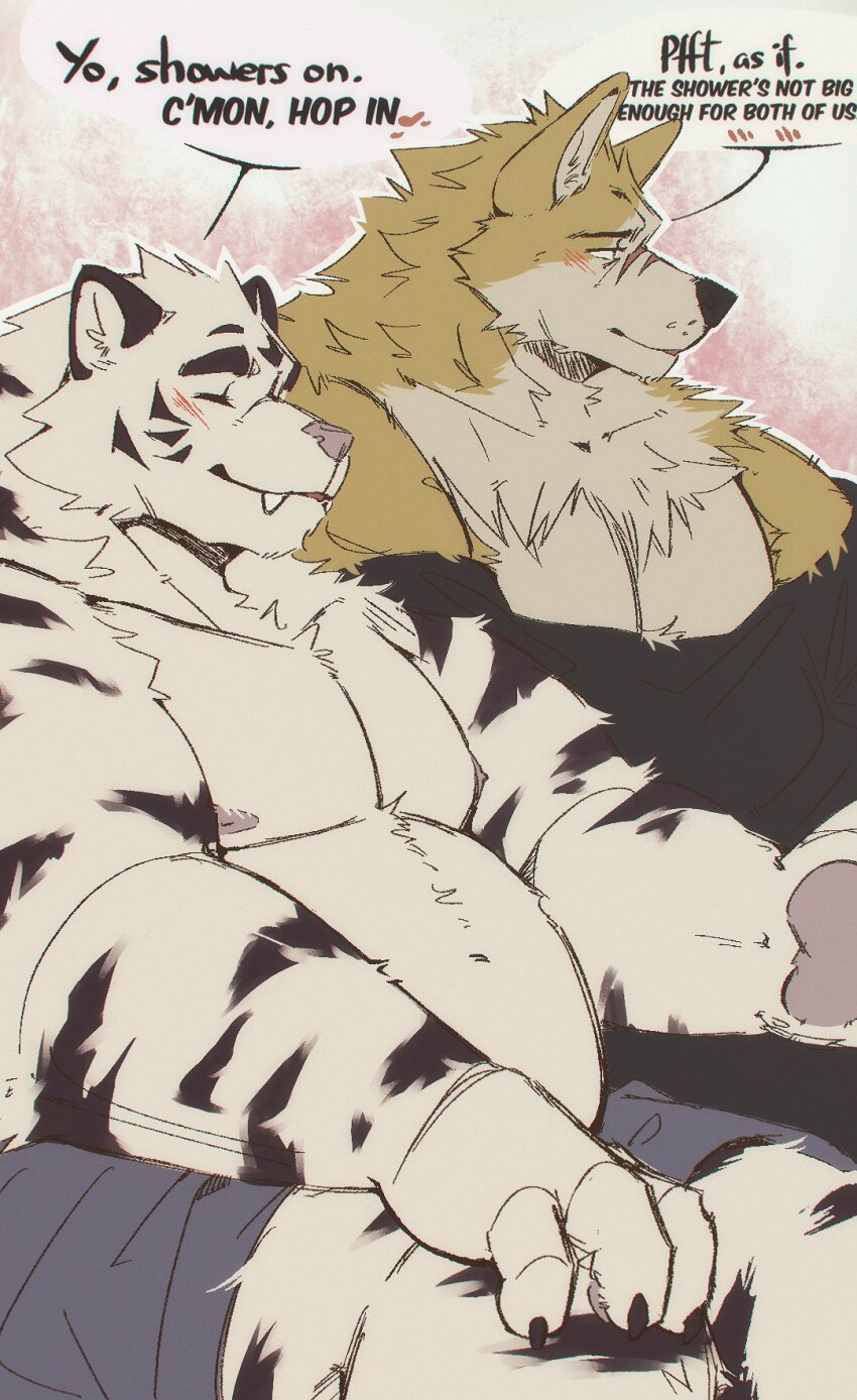 2boys, animal_ears, axel_(rtf), bara, belly, black_shirt, blush, claws