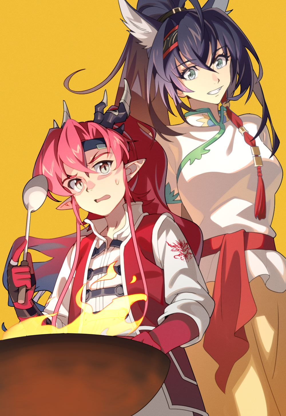 1boy, 1girl, alternate_costume, animal_ear_fluff, animal_ears, arknights, black_hair, blaze_(arknights)