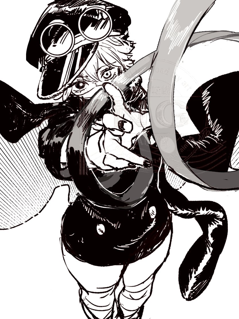 bandages, bottomless, buttons, cape, goggles, greyscale, gunko, hat, heterochromia, long_sleeves, looking_at_viewer, mask, monochrome, mouth_mask, nail_polish, one_piece, outstretched_arm, shiratori_yokikana, short_hair, unraveling, visor_cap
