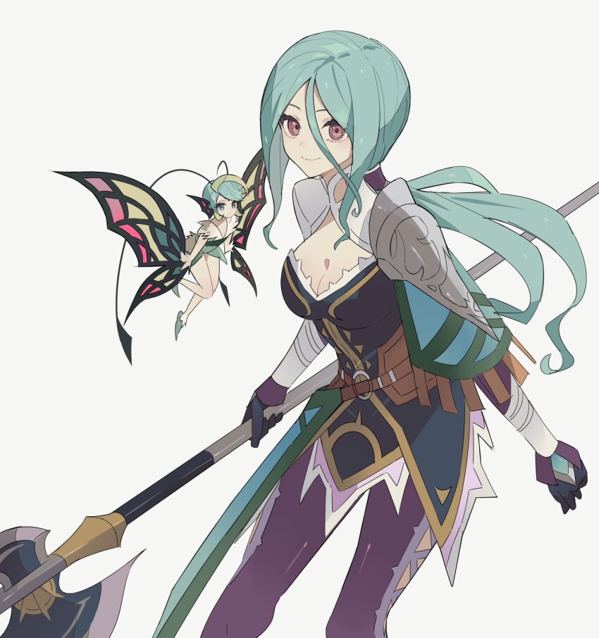 antennae, aqua_hair, armor, axe, battle_axe, breasts, cleavage, closed_mouth, fairy, fairy_wings, floating, frieda_(ys), george_man, hair_between_eyes, highres, holding, holding_axe, long_hair, looking_at_viewer, low_ponytail, nina_(ys), pauldrons, ponytail, red_eyes, shoulder_armor, simple_background, smile, standing, weapon, white_background, wings, ys, ys:_memories_of_celceta