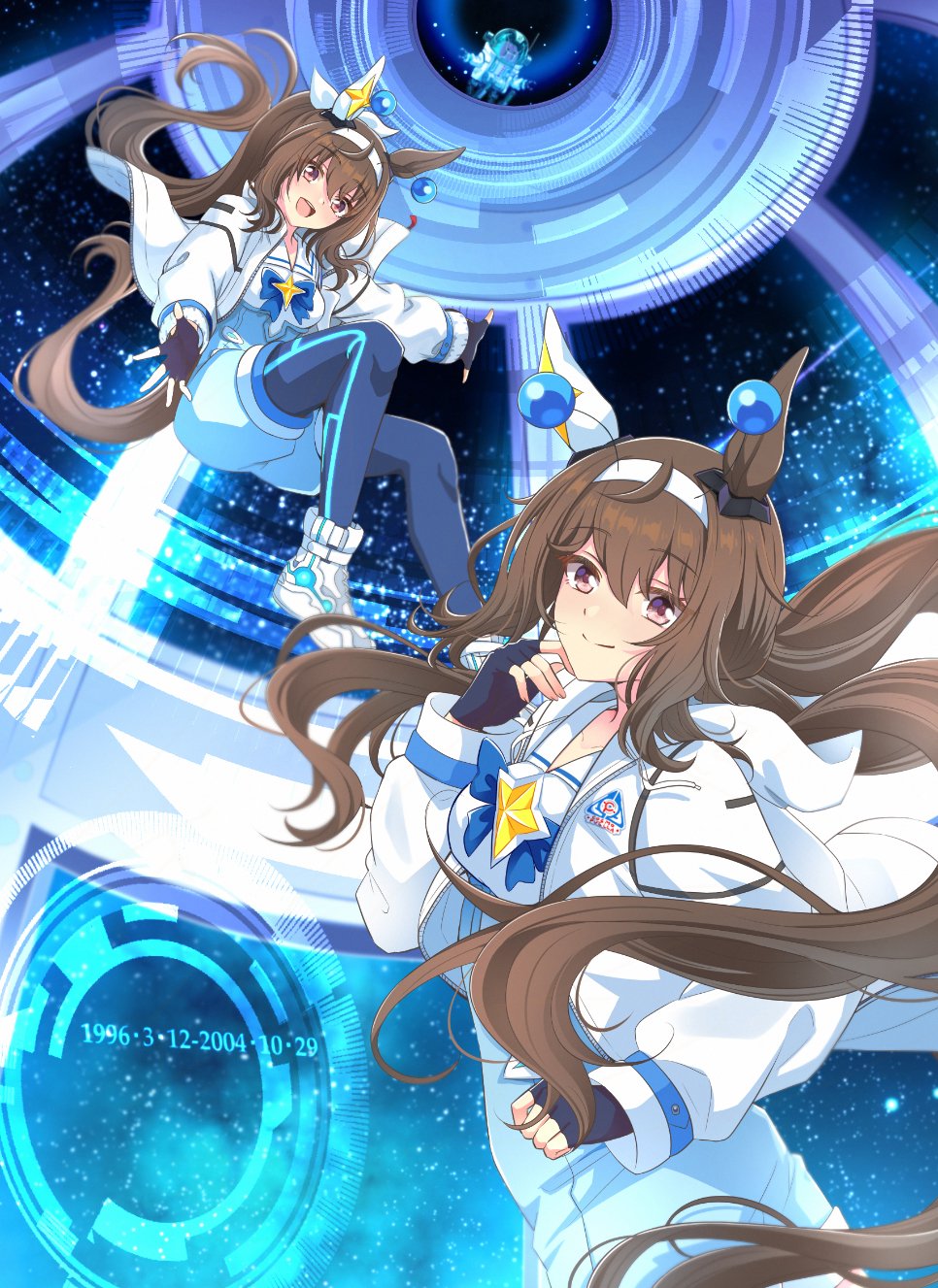 2girls, :d, admire_vega's_twin_sister_(umamusume), admire_vega_(uma_stars)_(umamusume), admire_vega_(umamusume), admire_vega_(umamusume)_(cosplay), animal_ears, black_gloves