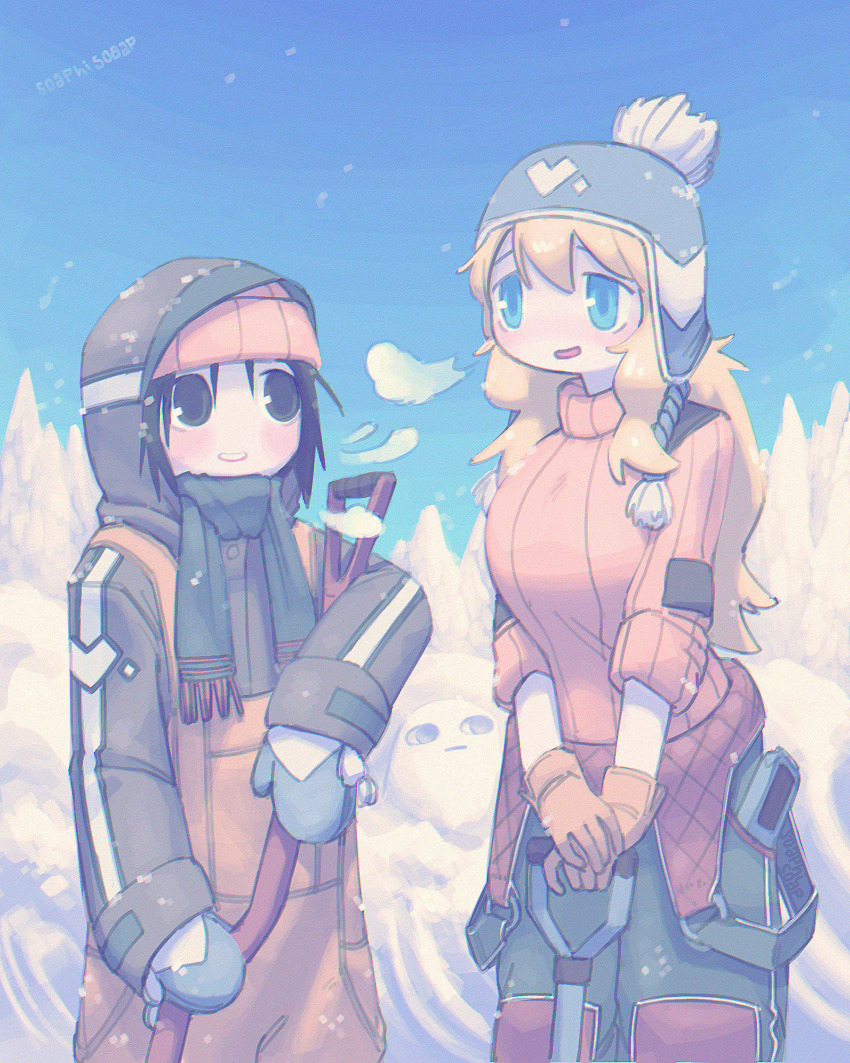 2girls, alternate_costume, alternate_universe, beanie, blonde_hair, blue_eyes, blue_hat, blue_mittens