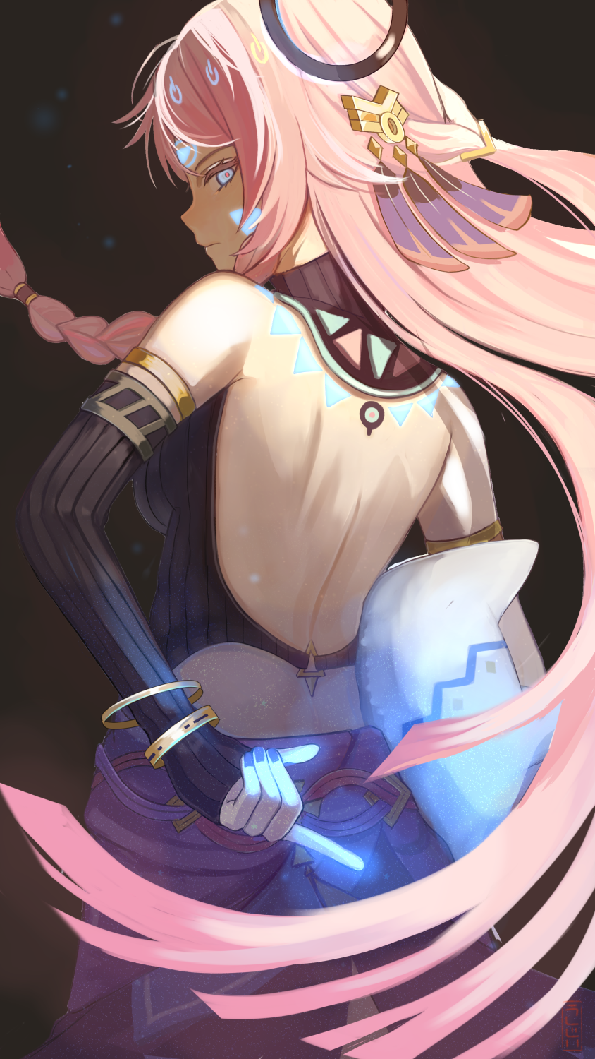 1girl, back, backless_leotard, bare_shoulders, black_background, black_leotard, blue_eyes, breasts