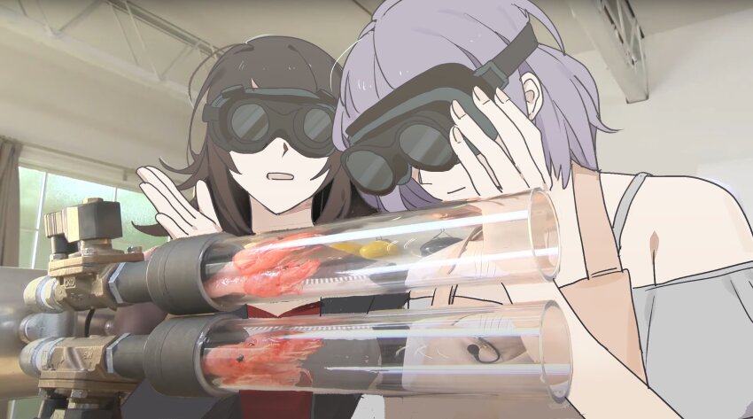 3_second_cooking, adam_savage, bang_dream!, bang_dream!_it's_mygo!!!!!, black_hair, black_jacket, goggles, grey_shirt, highres, jacket, jamie_hyneman, medium_hair, mythbusters, off-shoulder_shirt, off_shoulder, photo-referenced, photo_background, purple_hair, red_shirt, reiboubyou, shirt, shrimp, upper_body, what, yahata_umiri, yuutenji_nyamu