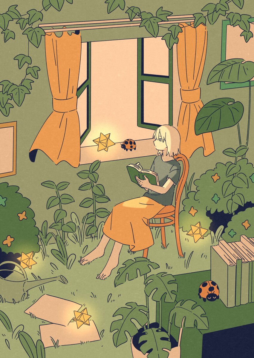 1girl, absurdres, barefoot, book, bug, bush, chair, commission