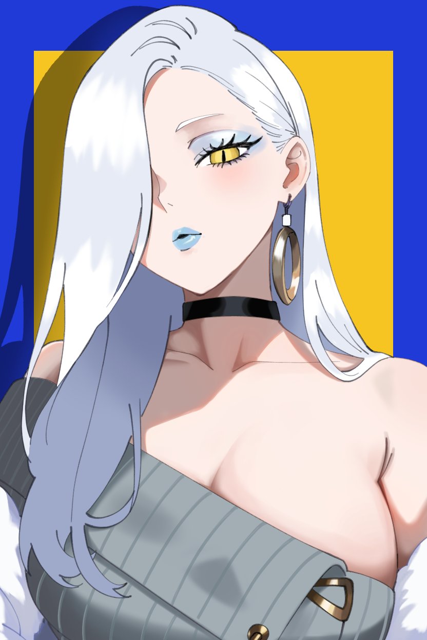 1girl, analog1996, bare_shoulders, blue_lips, breasts, choker, cleavage, collarbone, dress, earrings, eyeliner, fate/grand_order, fate_(series), grey_dress, hair_over_one_eye, highres, hoop_earrings, jacket, jewelry, large_breasts, long_hair, long_sleeves, looking_at_viewer, makeup, off_shoulder, hebi_nyoubou_(fate), parted_lips, solo, sweater, sweater_dress, white_hair, white_jacket, yellow_eyes