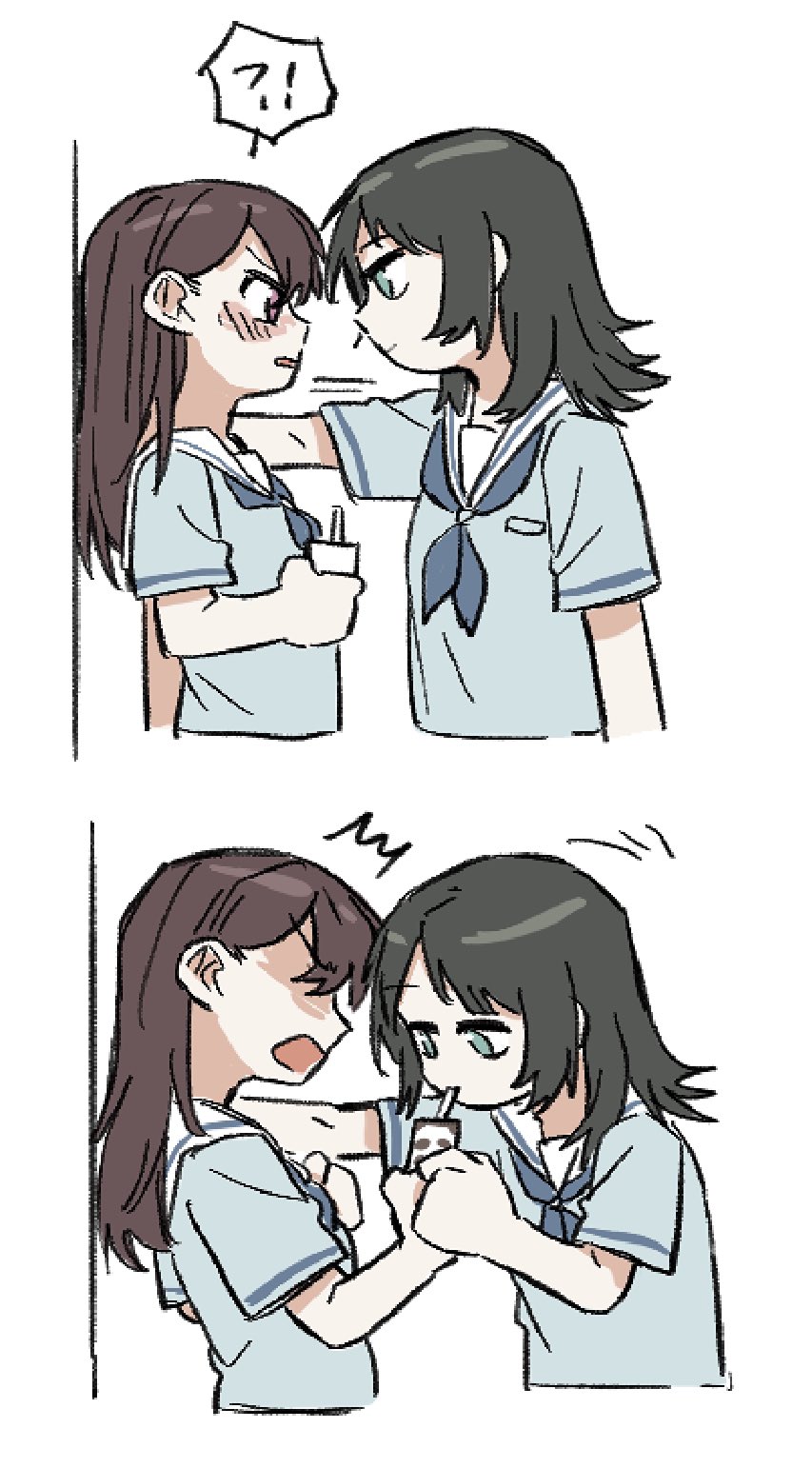 !?, 2girls, bang_dream!, bang_dream!_it's_mygo!!!!!, black_hair, blue_eyes, blue_neckerchief, blue_shirt