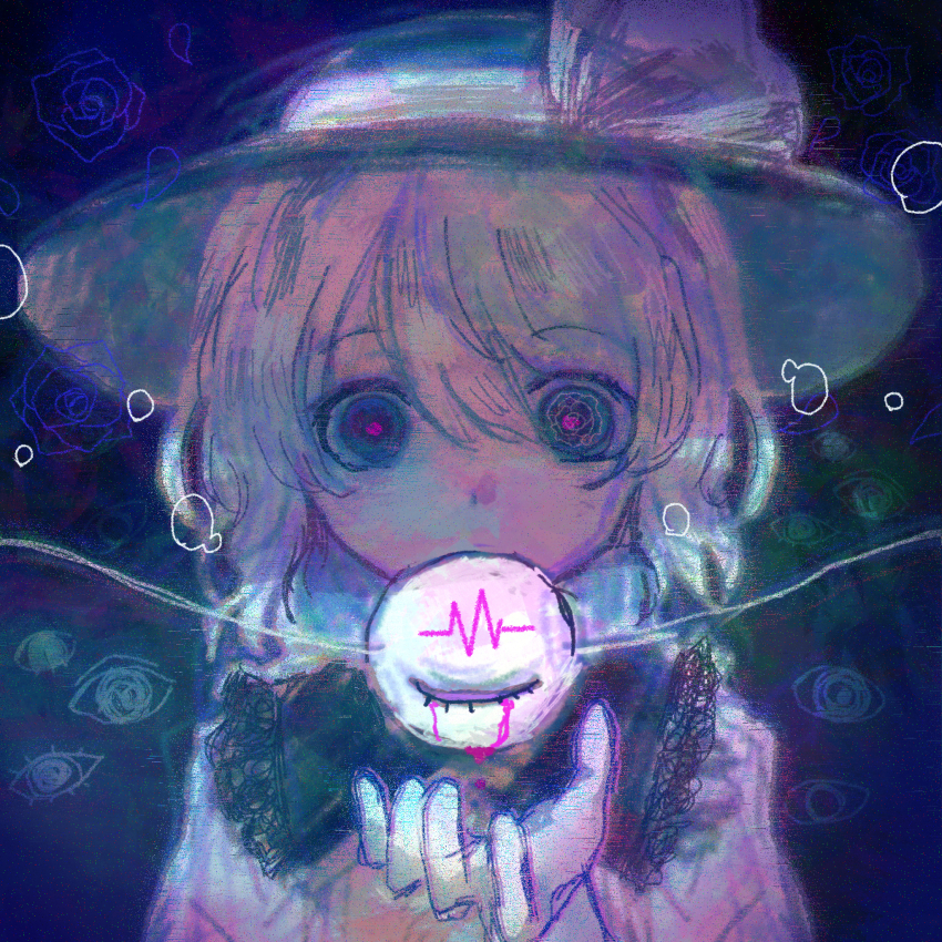 1girl, blood, bloody_tears, blouse, cardiogram, eyeball, flower, frilled_shirt_collar