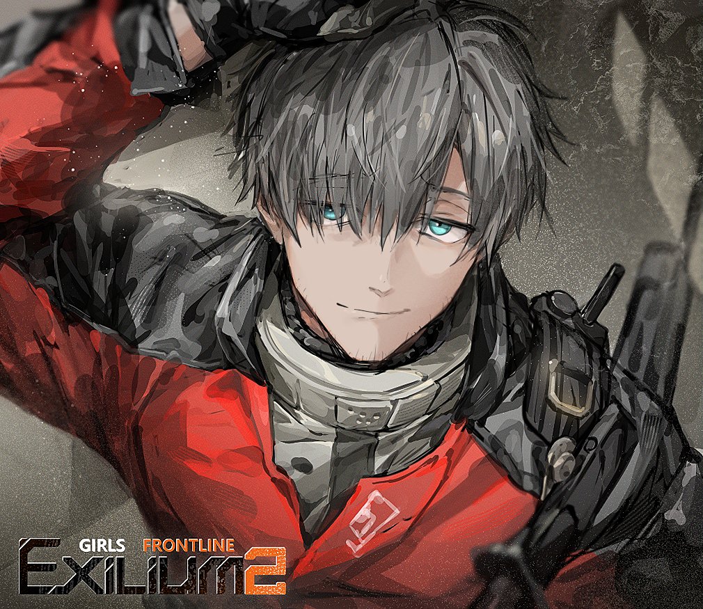 1boy, aqua_eyes, arm_up, black_hair, black_jacket, closed_mouth, commander_(girls'_frontline), commentary