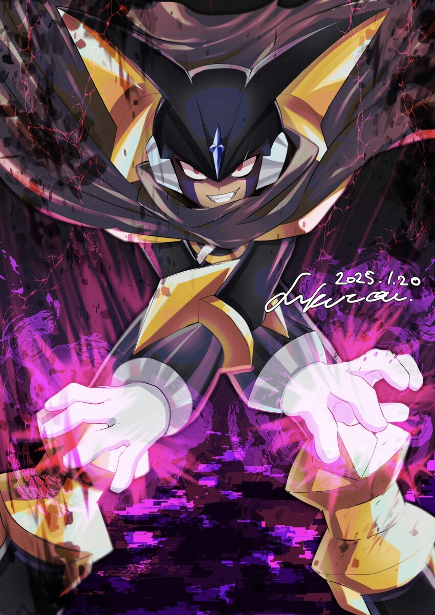 1boy, aura, baron-0628, bass.exe_(mega_man), black_bodysuit, black_helmet, bodysuit, dated