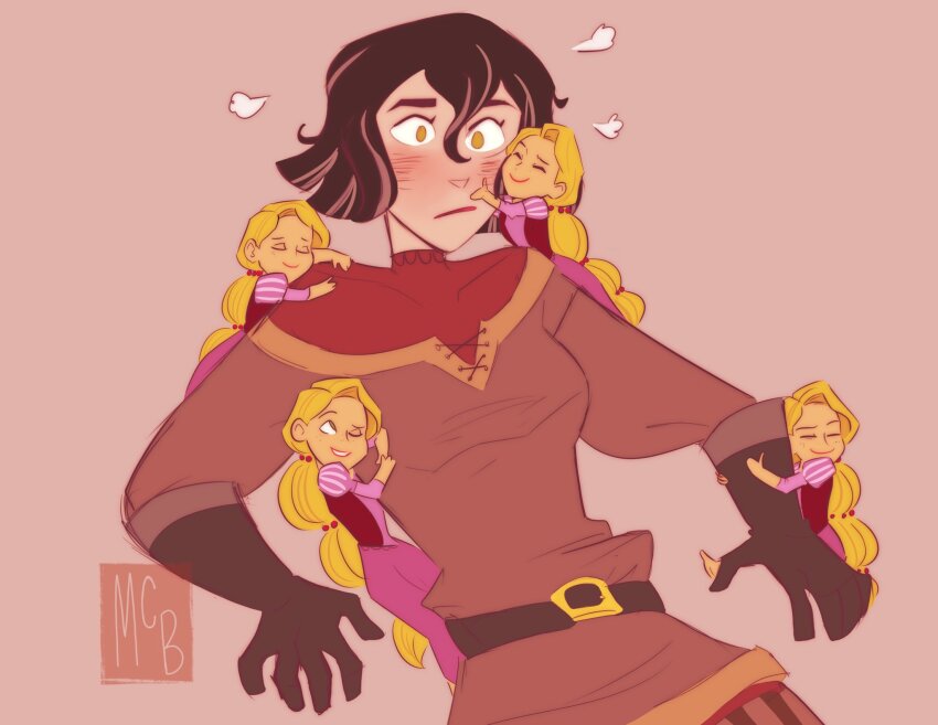 2girls, belt, black_hair, blonde_hair, blush, breasts, brown_shirt, cassandra_(tangled)