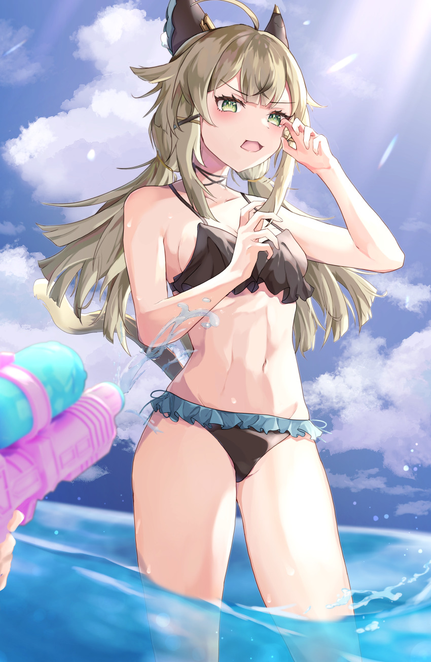 1girl, 1other, absurdres, ahoge, animal_ears, bare_arms, bare_shoulders, bikini