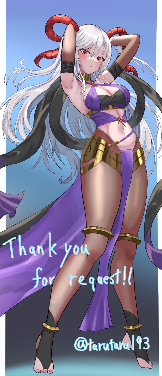 1girl, alternate_costume, armpits, arms_behind_head, artist_name, blush, breasts, cleavage