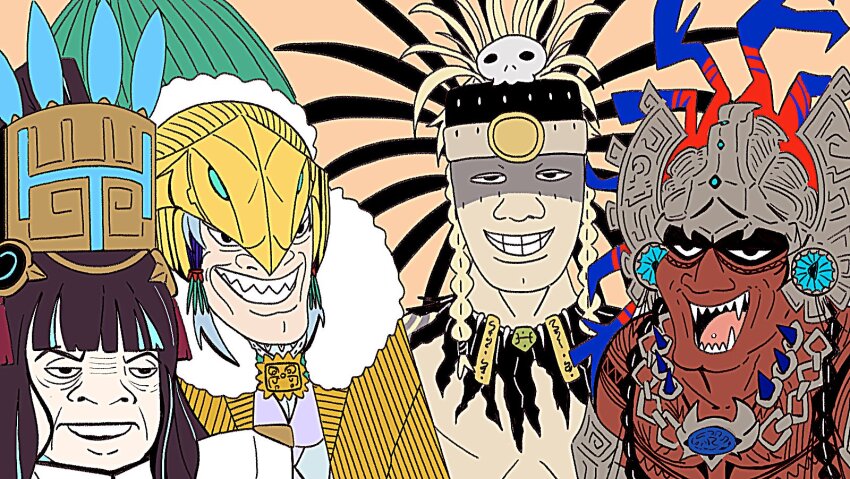 2boys, 2girls, aztec, black_hair, blonde_hair, blue_hair, camazotz_(fate), cape