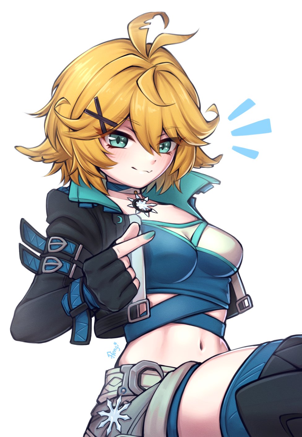 1girl, ahoge, aqua_eyes, belt, black_jacket, blonde_hair, blue_nails, blue_shirt, breasts, cleavage, closed_mouth, commentary, cosplay, cowboy_shot, cropped_shirt, dokibird, english_commentary, fang, fingerless_gloves, gloves, grey_shorts, hair_ornament, hairclip, hengi_hengi, highres, indie_virtual_youtuber, jacket, long_sleeves, looking_at_viewer, luna_snow, luna_snow_(cosplay), marvel, marvel_rivals, medium_breasts, medium_hair, midriff, navel, open_clothes, open_jacket, shirt, shorts, signature, simple_background, skin_fang, smile, snowflake_choker, solo, thighhighs, virtual_youtuber, white_background