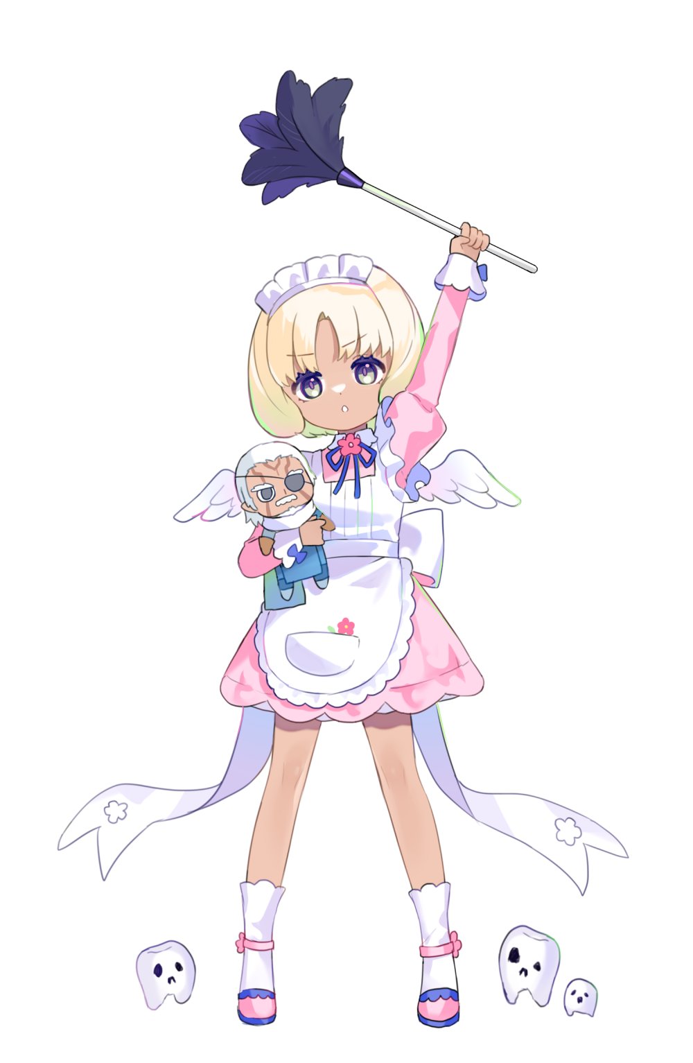 1girl, apron, blonde_hair, blue_ribbon, character_doll, commentary_request, curtained_hair, doll